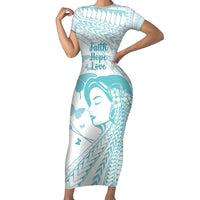 Polynesia Cervical Cancer Awareness Month Family Matching Short Sleeve Bodycon Dress and Hawaiian Shirt Polynesian Women Faith Hope Love! LT14 Mom's Dress White - Polynesian Pride