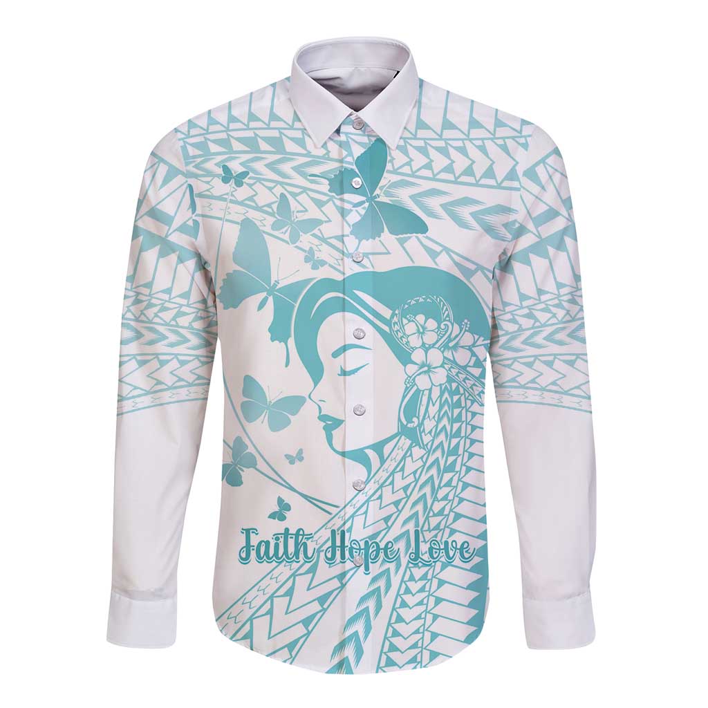 Polynesia Cervical Cancer Awareness Month Long Sleeve Button Shirt Polynesian Women Faith Hope Love! LT14 Unisex White - Polynesian Pride