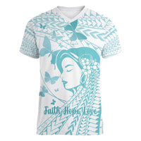 Polynesia Cervical Cancer Awareness Month Women V-Neck T-Shirt Polynesian Women Faith Hope Love!