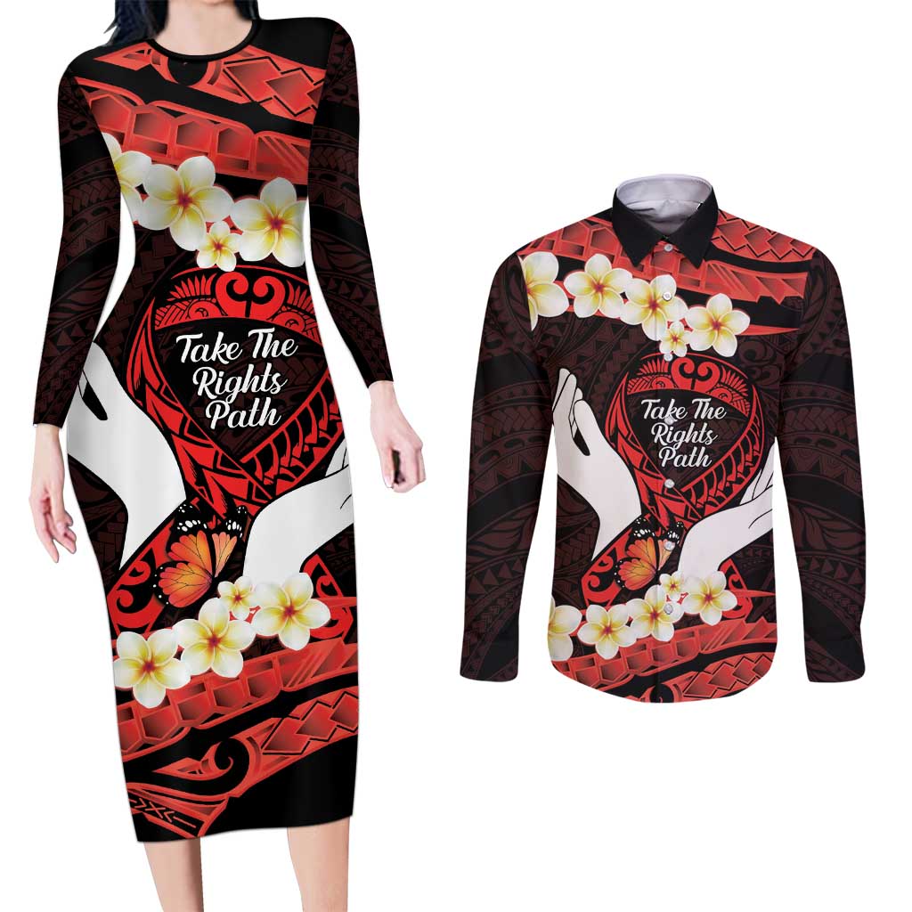 Polynesia AIDS Awareness Month Couples Matching Long Sleeve Bodycon Dress and Long Sleeve Button Shirt Take The Rights Path Polynesian Pattern