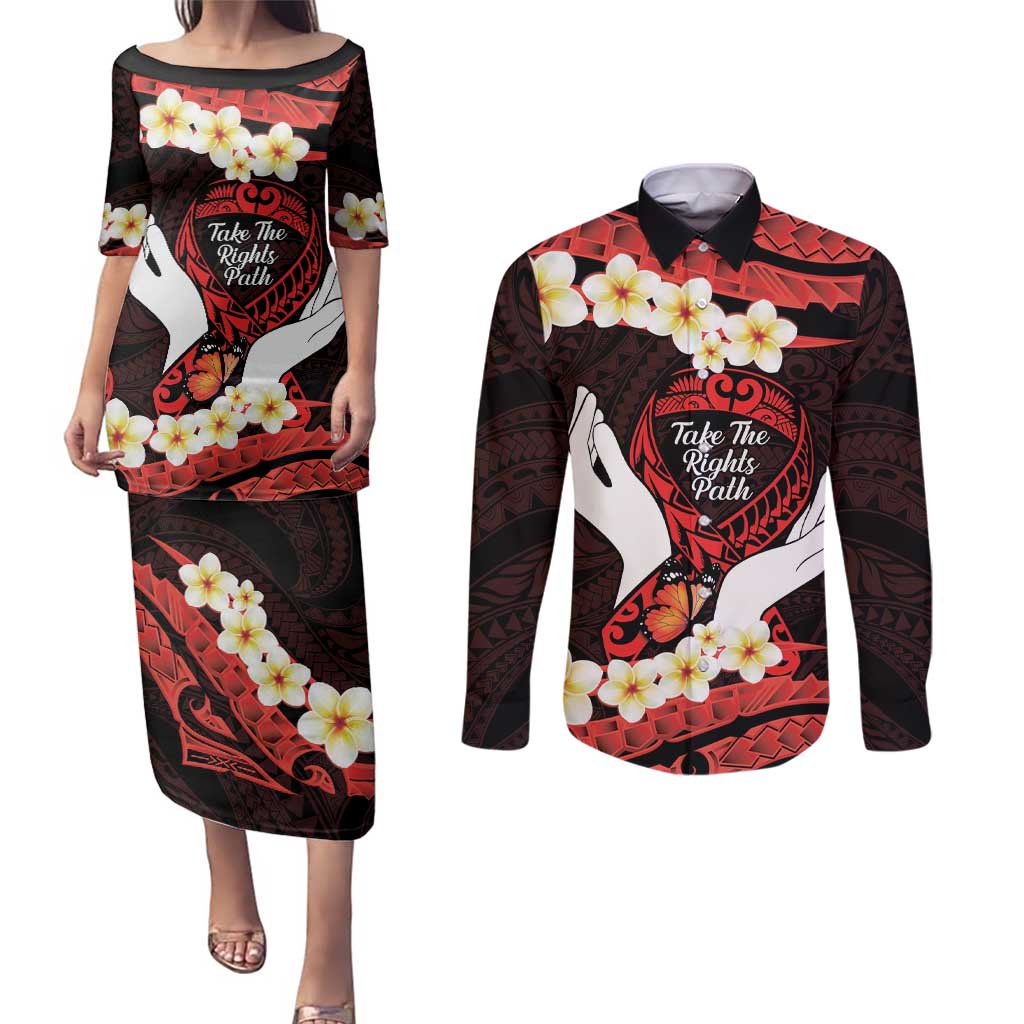 Polynesia AIDS Awareness Month Couples Matching Puletasi and Long Sleeve Button Shirt Take The Rights Path Polynesian Pattern