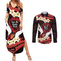 Polynesia AIDS Awareness Month Couples Matching Summer Maxi Dress and Long Sleeve Button Shirt Take The Rights Path Polynesian Pattern