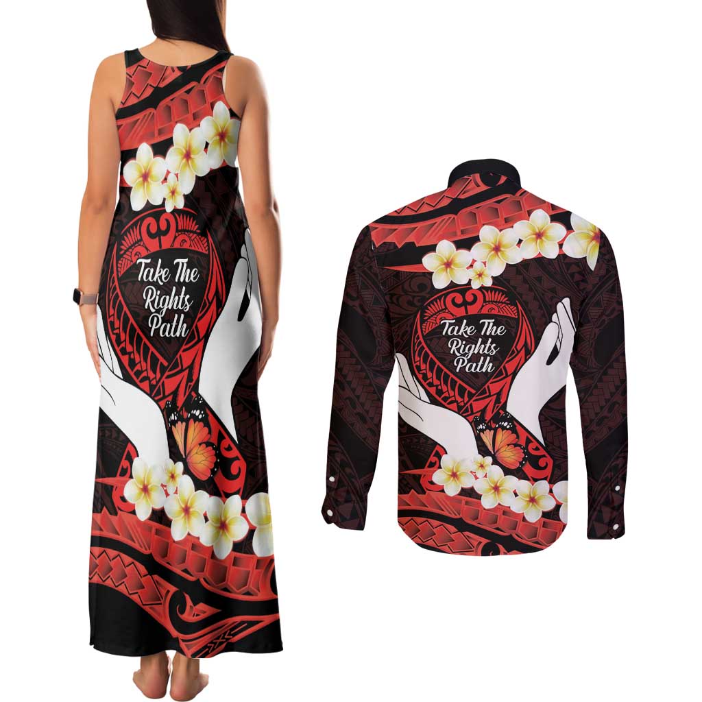 Polynesia AIDS Awareness Month Couples Matching Tank Maxi Dress and Long Sleeve Button Shirt Take The Rights Path Polynesian Pattern