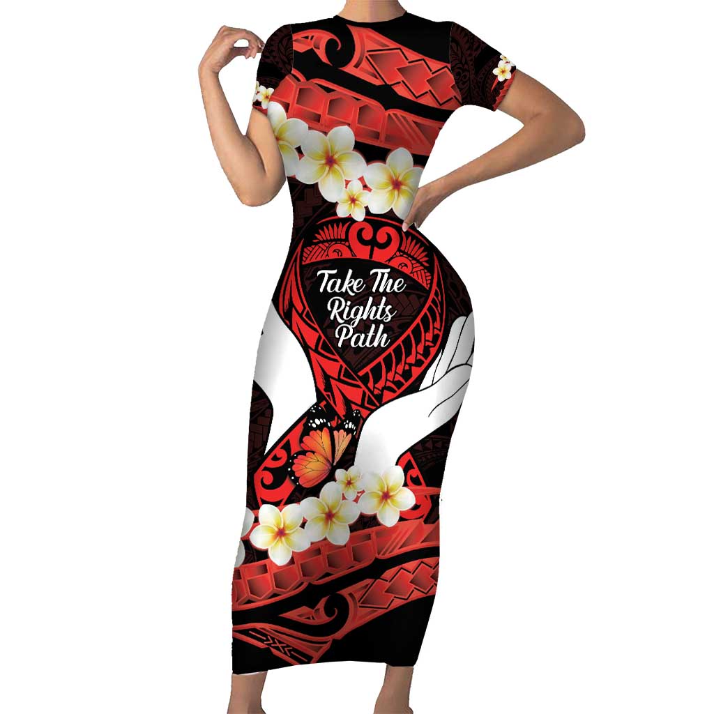 Polynesia AIDS Awareness Month Short Sleeve Bodycon Dress Take The Rights Path Polynesian Pattern LT14 Long Dress Red - Polynesian Pride
