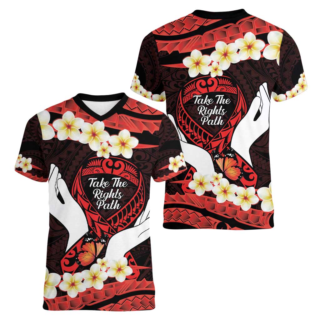 Polynesia AIDS Awareness Month Women V-Neck T-Shirt Take The Rights Path Polynesian Pattern