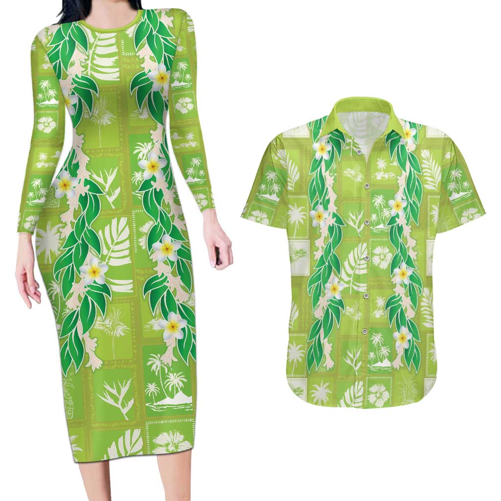 Aloha Hawaii Tuberose Lei Couples Matching Long Sleeve Bodycon Dress and Hawaiian Shirt Tropical Vibes Green Color - Polynesian Pride