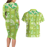 Aloha Hawaii Tuberose Lei Couples Matching Long Sleeve Bodycon Dress and Hawaiian Shirt Tropical Vibes Green Color LT14 - Polynesian Pride