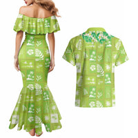 Aloha Hawaii Tuberose Lei Couples Matching Mermaid Dress and Hawaiian Shirt Tropical Vibes Green Color LT14 - Polynesian Pride