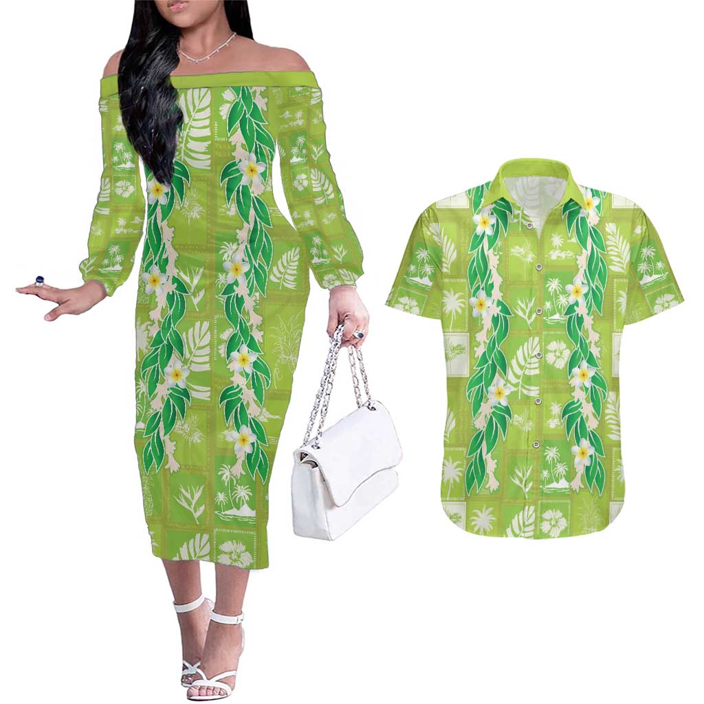 Aloha Hawaii Tuberose Lei Couples Matching Off The Shoulder Long Sleeve Dress and Hawaiian Shirt Tropical Vibes Green Color LT14 Green - Polynesian Pride