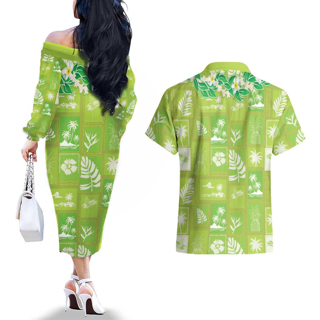 Aloha Hawaii Tuberose Lei Couples Matching Off The Shoulder Long Sleeve Dress and Hawaiian Shirt Tropical Vibes Green Color LT14 - Polynesian Pride