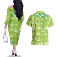 Aloha Hawaii Tuberose Lei Couples Matching Off The Shoulder Long Sleeve Dress and Hawaiian Shirt Tropical Vibes Green Color LT14 - Polynesian Pride