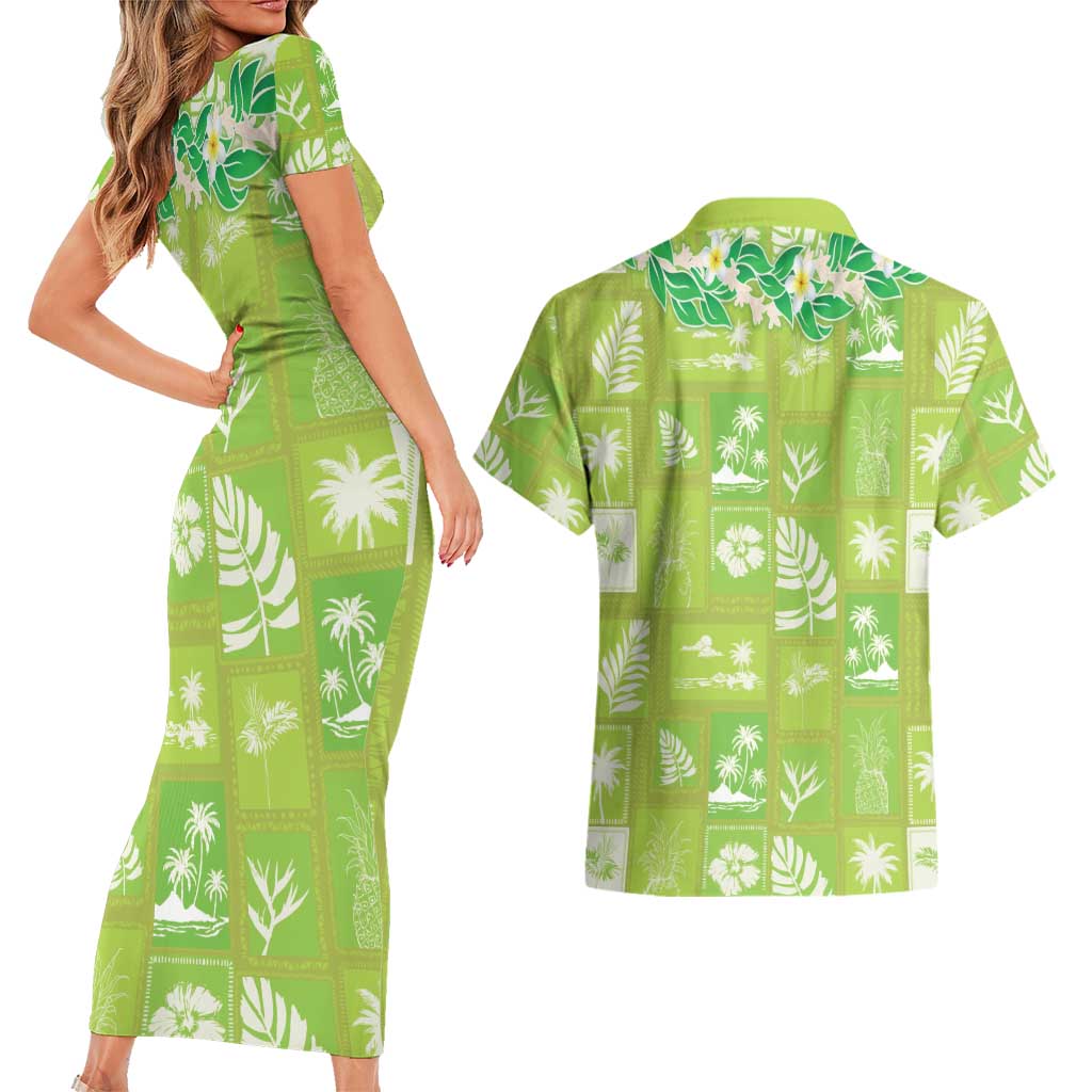 Aloha Hawaii Tuberose Lei Couples Matching Short Sleeve Bodycon Dress and Hawaiian Shirt Tropical Vibes Green Color LT14 - Polynesian Pride