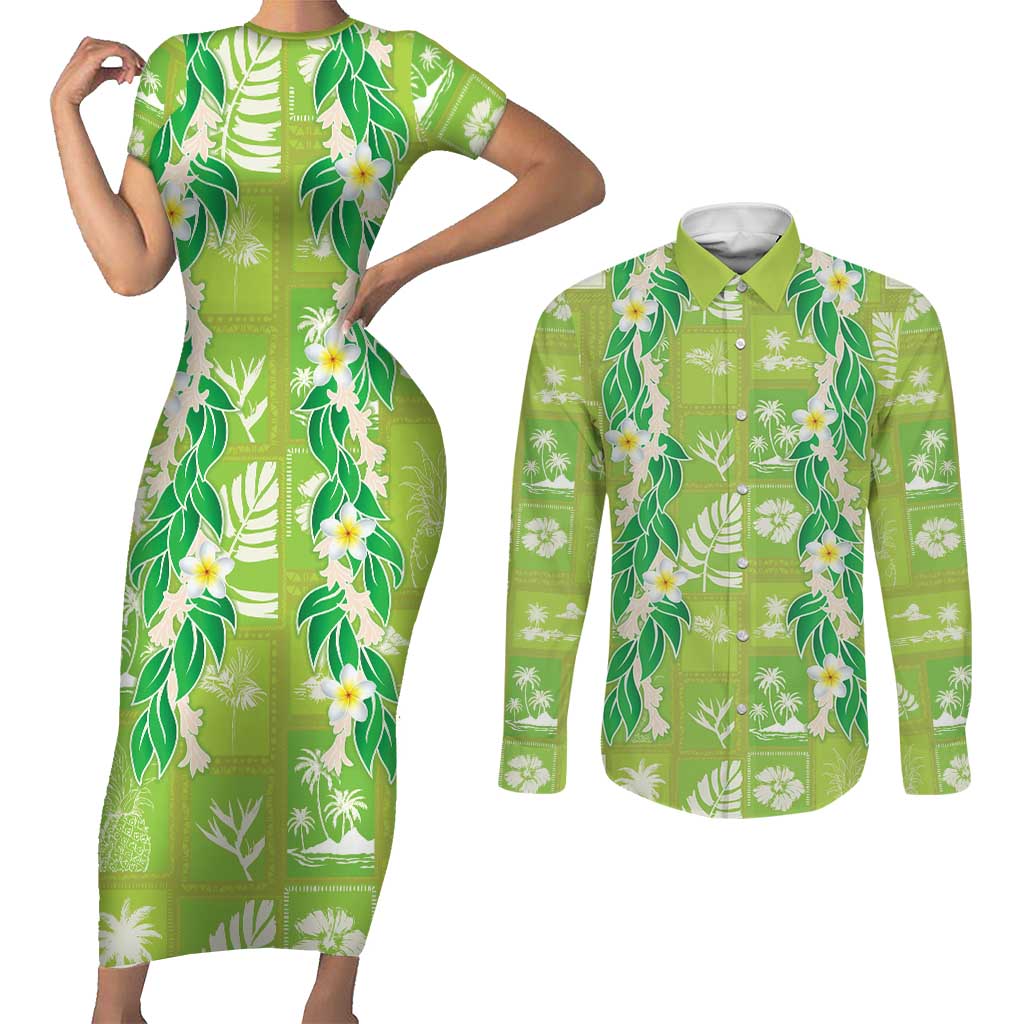 Aloha Hawaii Tuberose Lei Couples Matching Short Sleeve Bodycon Dress and Long Sleeve Button Shirt Tropical Vibes Green Color - Polynesian Pride