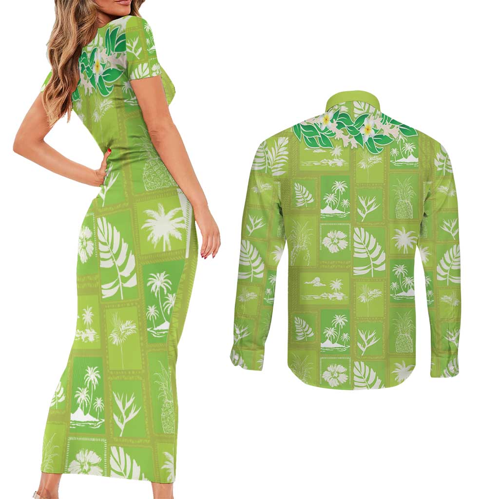 Aloha Hawaii Tuberose Lei Couples Matching Short Sleeve Bodycon Dress and Long Sleeve Button Shirt Tropical Vibes Green Color - Polynesian Pride
