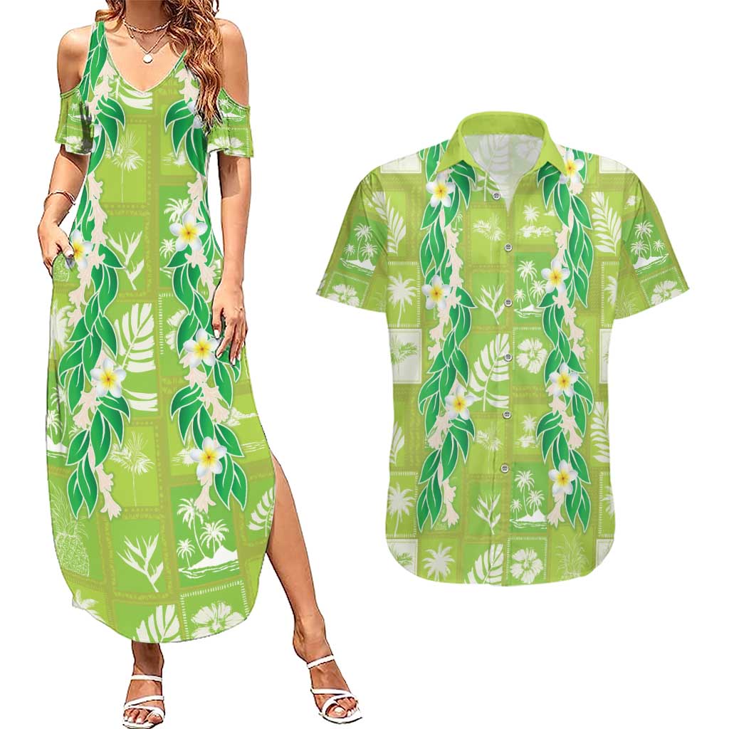 Aloha Hawaii Tuberose Lei Couples Matching Summer Maxi Dress and Hawaiian Shirt Tropical Vibes Green Color - Polynesian Pride