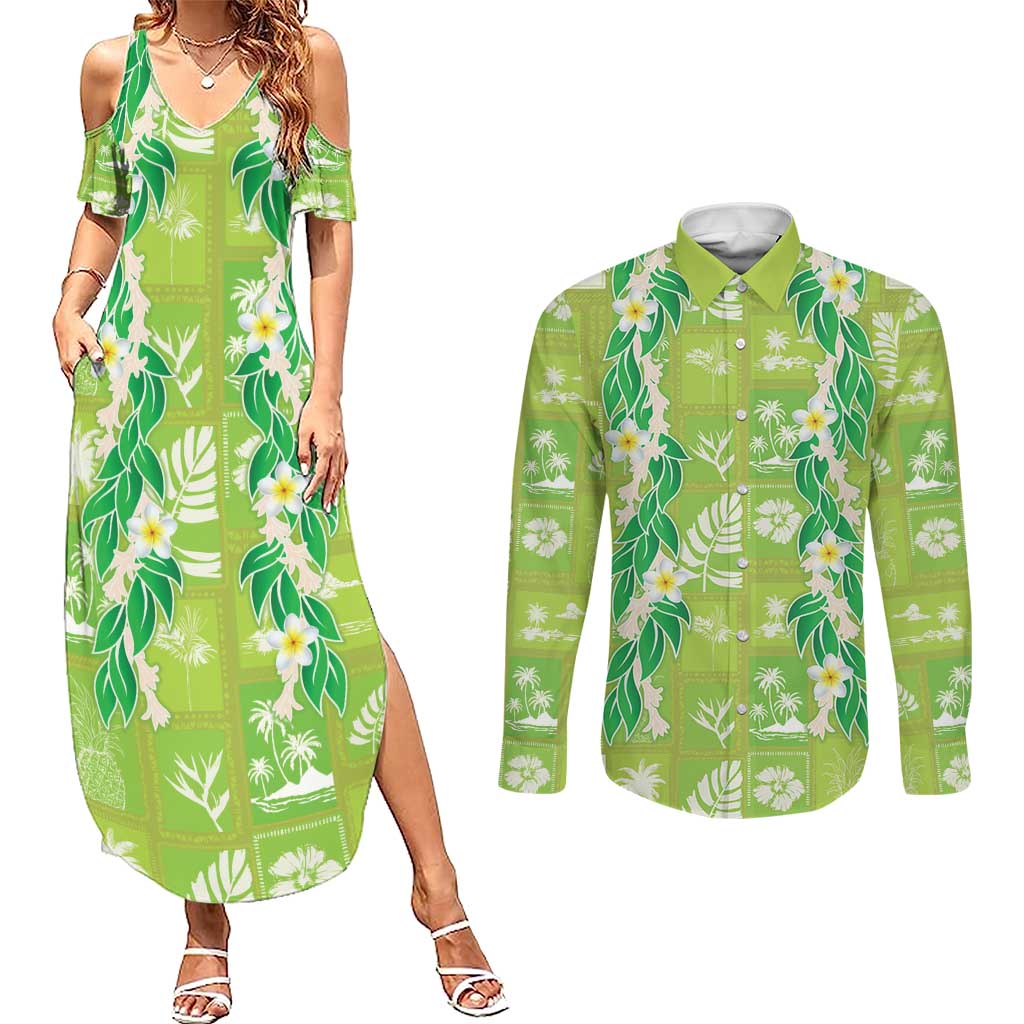 Aloha Hawaii Tuberose Lei Couples Matching Summer Maxi Dress and Long Sleeve Button Shirt Tropical Vibes Green Color - Polynesian Pride