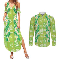Aloha Hawaii Tuberose Lei Couples Matching Summer Maxi Dress and Long Sleeve Button Shirt Tropical Vibes Green Color - Polynesian Pride