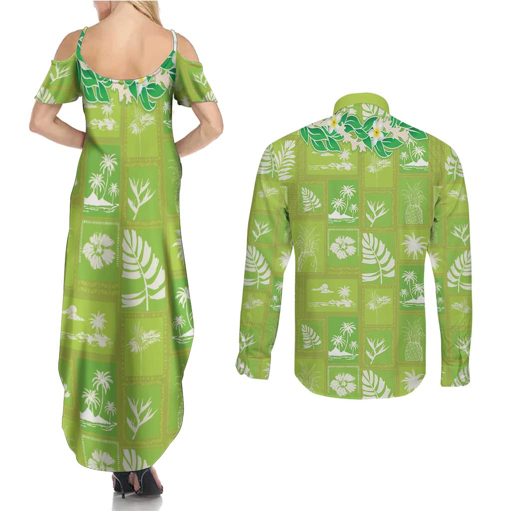 Aloha Hawaii Tuberose Lei Couples Matching Summer Maxi Dress and Long Sleeve Button Shirt Tropical Vibes Green Color - Polynesian Pride