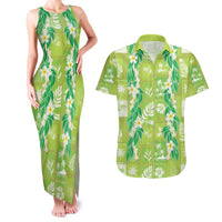 Aloha Hawaii Tuberose Lei Couples Matching Tank Maxi Dress and Hawaiian Shirt Tropical Vibes Green Color - Polynesian Pride