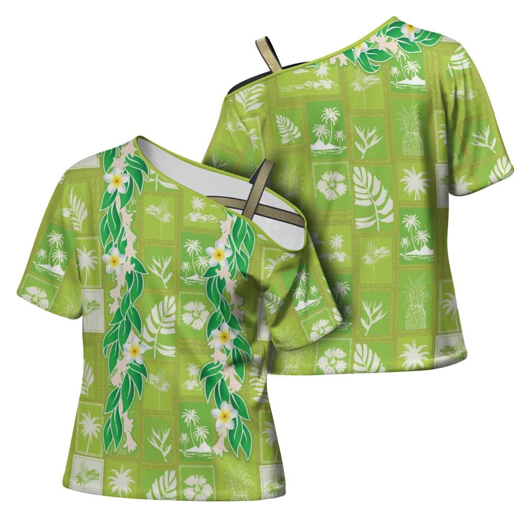 Aloha Hawaii Tuberose Lei Cross Shoulder Shirt Tropical Vibes Green Color - Polynesian Pride