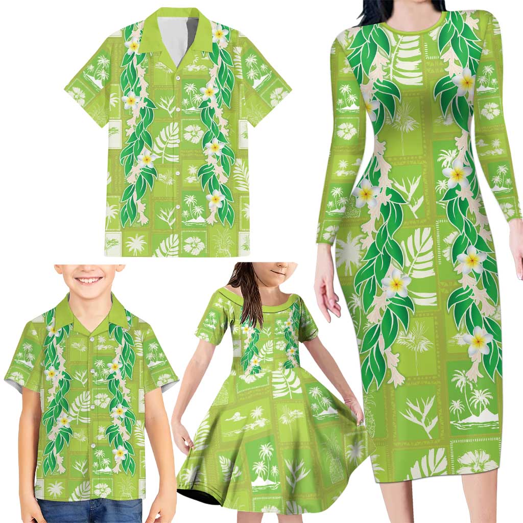 Aloha Hawaii Tuberose Lei Family Matching Long Sleeve Bodycon Dress and Hawaiian Shirt Tropical Vibes Green Color LT14 - Polynesian Pride