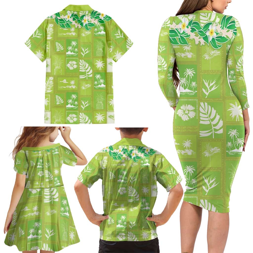 Aloha Hawaii Tuberose Lei Family Matching Long Sleeve Bodycon Dress and Hawaiian Shirt Tropical Vibes Green Color LT14 - Polynesian Pride