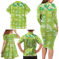 Aloha Hawaii Tuberose Lei Family Matching Long Sleeve Bodycon Dress and Hawaiian Shirt Tropical Vibes Green Color LT14 - Polynesian Pride