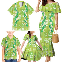 Aloha Hawaii Tuberose Lei Family Matching Mermaid Dress and Hawaiian Shirt Tropical Vibes Green Color LT14 - Polynesian Pride