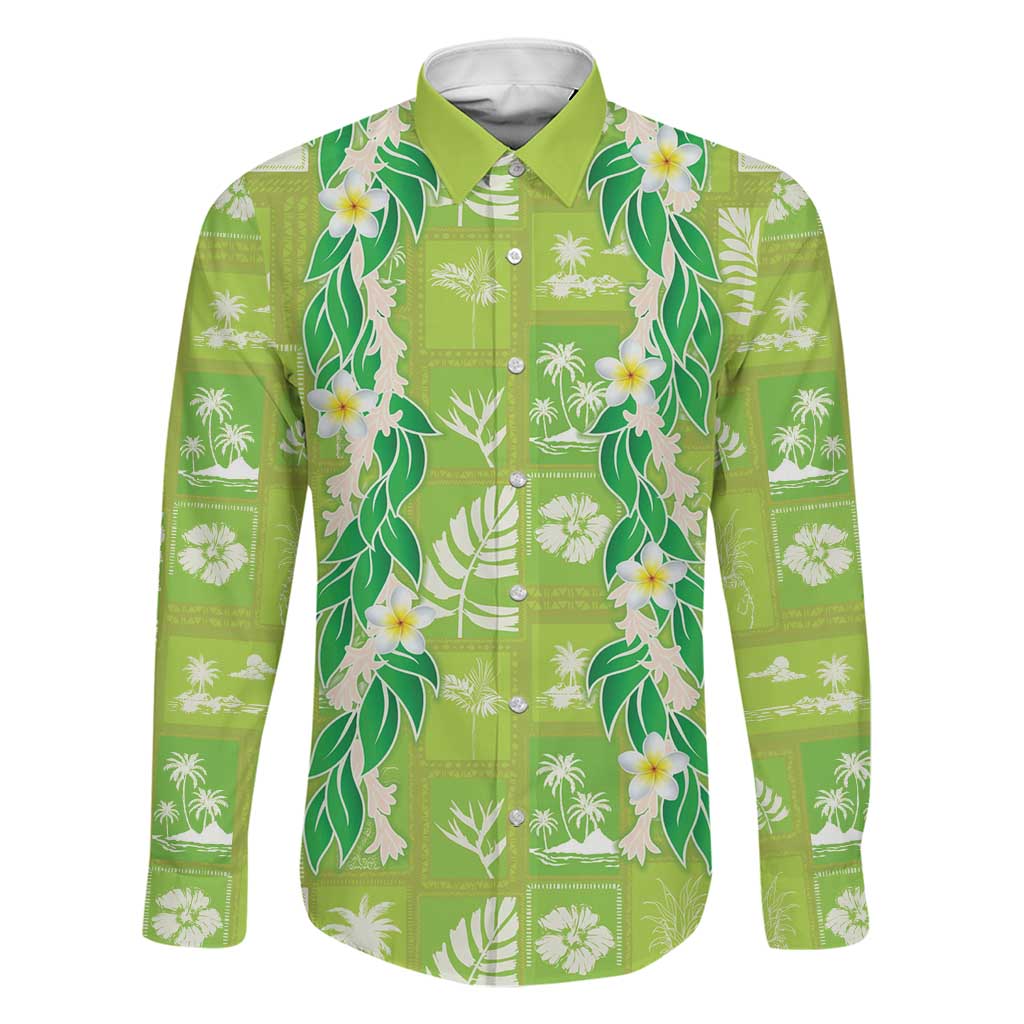 Aloha Hawaii Tuberose Lei Family Matching Mermaid Dress and Hawaiian Shirt Tropical Vibes Green Color LT14 Dad's Shirt - Long Sleeve Green - Polynesian Pride