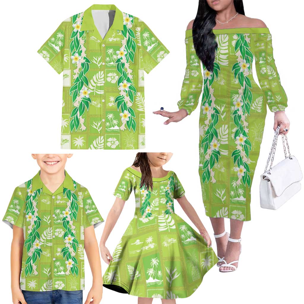 Aloha Hawaii Tuberose Lei Family Matching Off The Shoulder Long Sleeve Dress and Hawaiian Shirt Tropical Vibes Green Color - Polynesian Pride