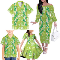 Aloha Hawaii Tuberose Lei Family Matching Off The Shoulder Long Sleeve Dress and Hawaiian Shirt Tropical Vibes Green Color LT14 - Polynesian Pride