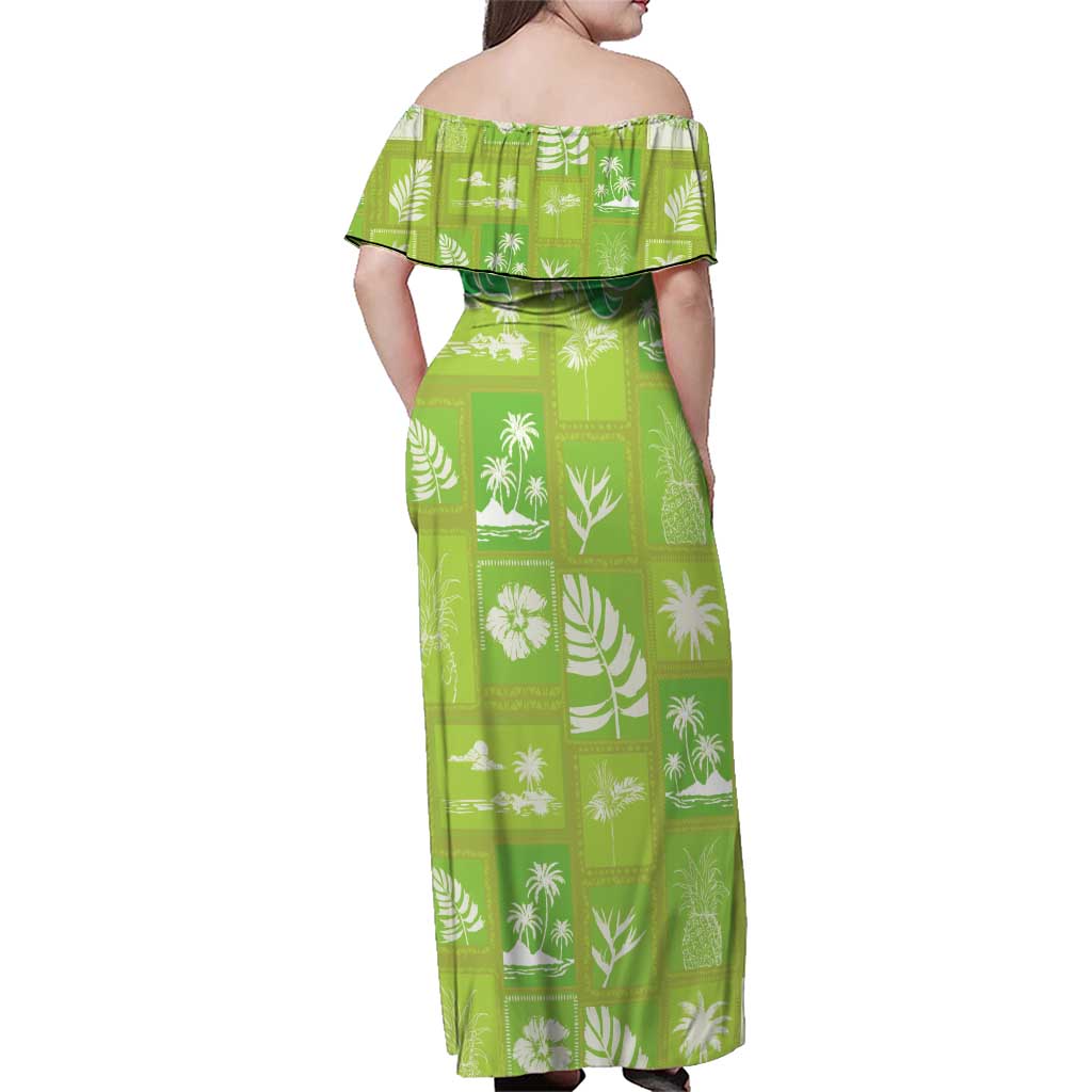 Aloha Hawaii Tuberose Lei Family Matching Off Shoulder Maxi Dress and Hawaiian Shirt Tropical Vibes Green Color LT14 - Polynesian Pride