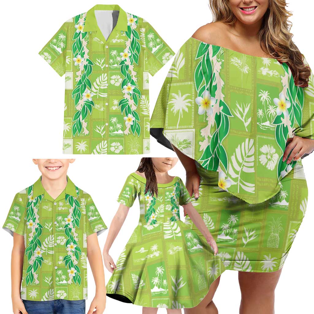Aloha Hawaii Tuberose Lei Family Matching Off Shoulder Short Dress and Hawaiian Shirt Tropical Vibes Green Color LT14 - Polynesian Pride