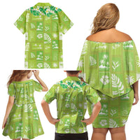 Aloha Hawaii Tuberose Lei Family Matching Off Shoulder Short Dress and Hawaiian Shirt Tropical Vibes Green Color LT14 - Polynesian Pride