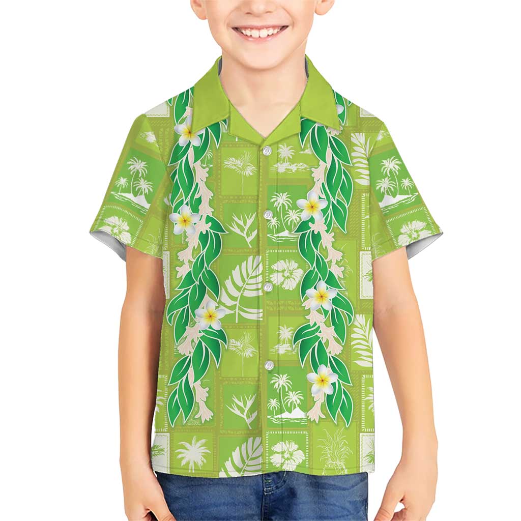 Aloha Hawaii Tuberose Lei Family Matching Off Shoulder Short Dress and Hawaiian Shirt Tropical Vibes Green Color LT14 - Polynesian Pride