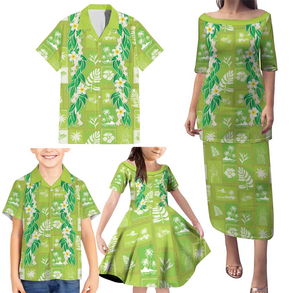 Aloha Hawaii Tuberose Lei Family Matching Puletasi and Hawaiian Shirt Tropical Vibes Green Color - Polynesian Pride