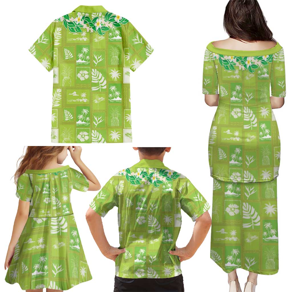Aloha Hawaii Tuberose Lei Family Matching Puletasi and Hawaiian Shirt Tropical Vibes Green Color LT14 - Polynesian Pride
