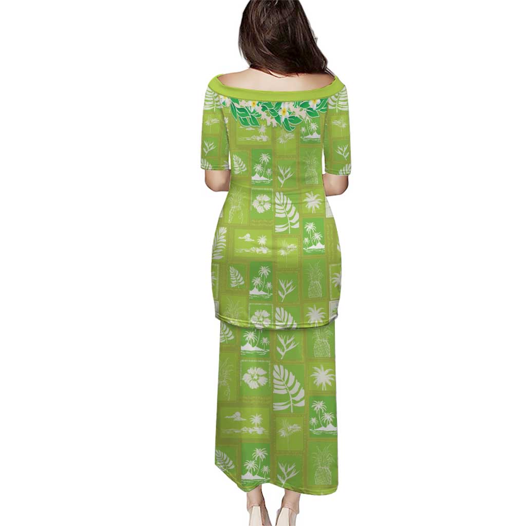 Aloha Hawaii Tuberose Lei Family Matching Puletasi and Hawaiian Shirt Tropical Vibes Green Color LT14 - Polynesian Pride