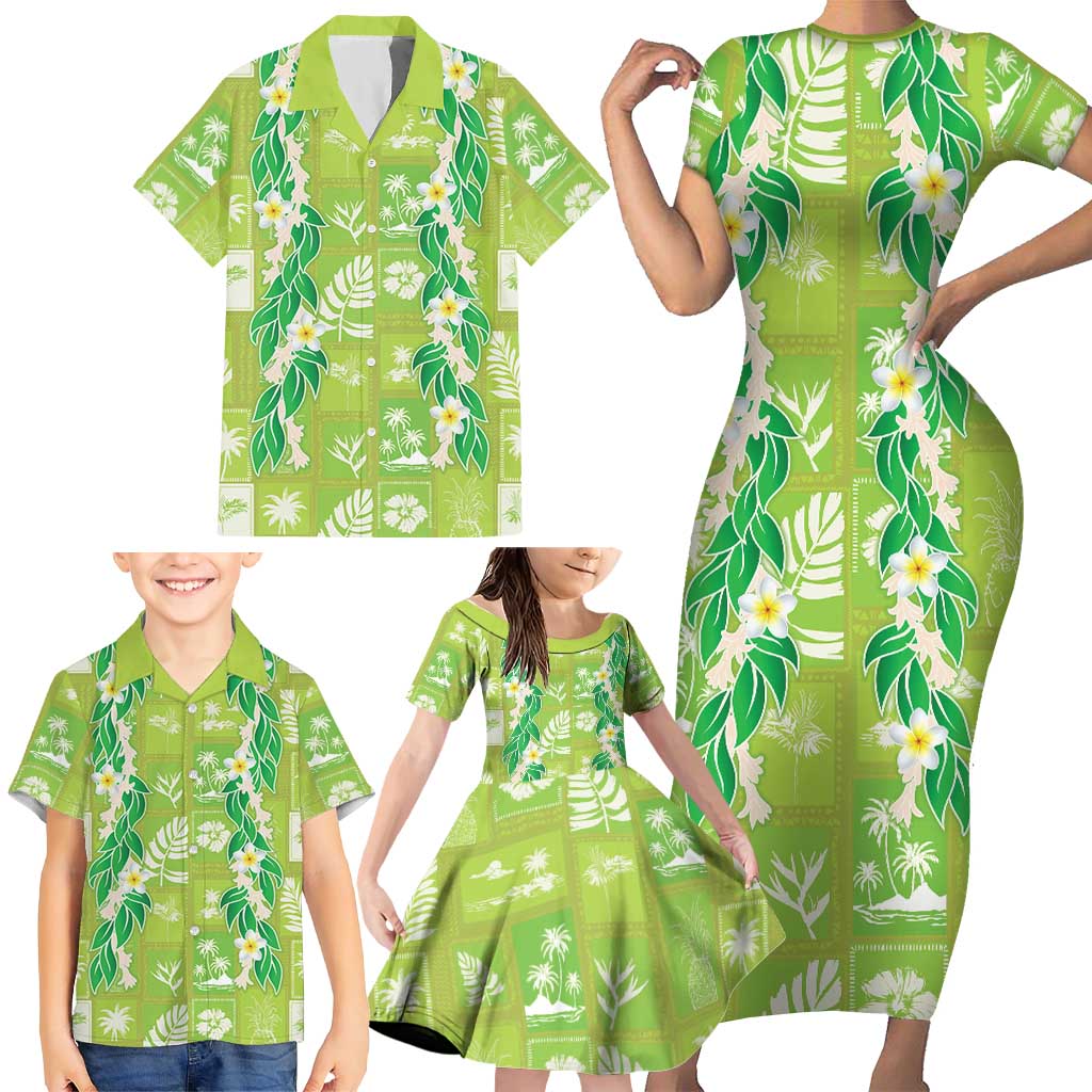 Aloha Hawaii Tuberose Lei Family Matching Short Sleeve Bodycon Dress and Hawaiian Shirt Tropical Vibes Green Color - Polynesian Pride