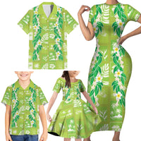 Aloha Hawaii Tuberose Lei Family Matching Short Sleeve Bodycon Dress and Hawaiian Shirt Tropical Vibes Green Color LT14 - Polynesian Pride