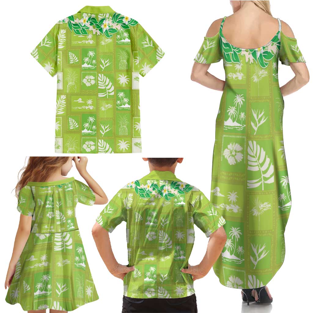 Aloha Hawaii Tuberose Lei Family Matching Summer Maxi Dress and Hawaiian Shirt Tropical Vibes Green Color LT14 - Polynesian Pride