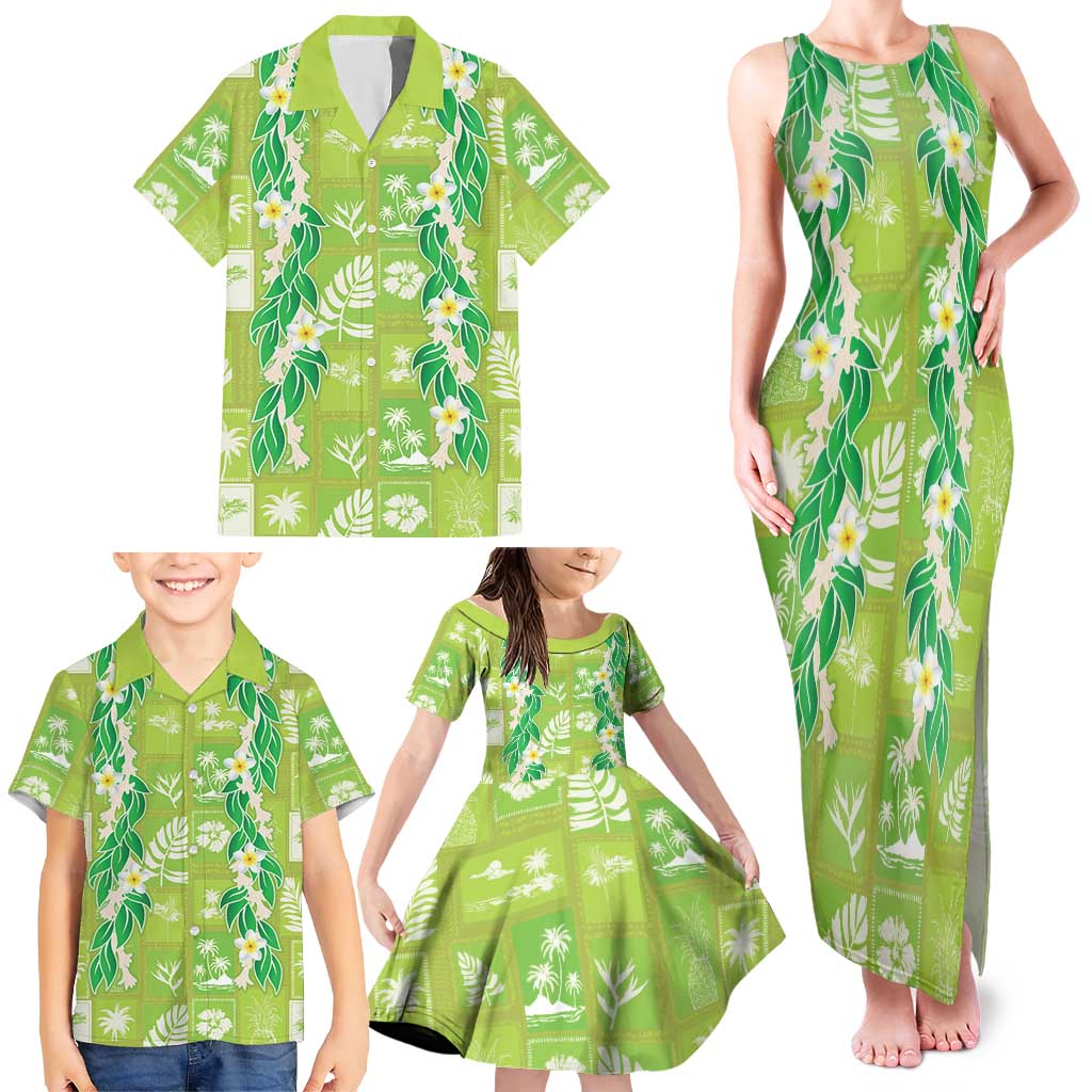 Aloha Hawaii Tuberose Lei Family Matching Tank Maxi Dress and Hawaiian Shirt Tropical Vibes Green Color LT14 - Polynesian Pride