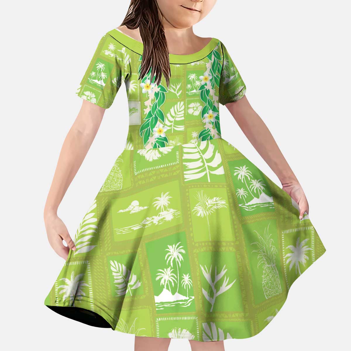 Aloha Hawaii Tuberose Lei Kid Short Sleeve Dress Tropical Vibes Green Color - Polynesian Pride