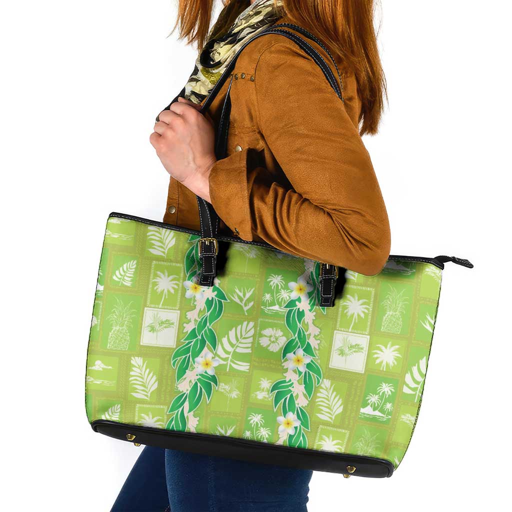 Aloha Hawaii Tuberose Lei Leather Tote Bag Tropical Vibes Green Color - Polynesian Pride