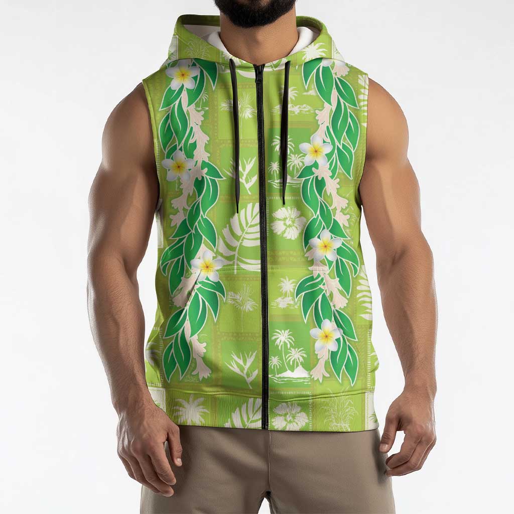 Aloha Hawaii Tuberose Lei Sleeveless Zip Hoodie Tropical Vibes Green Color LT14