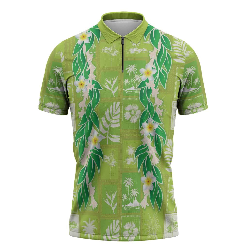 Aloha Hawaii Tuberose Lei Zipper Polo Shirt Tropical Vibes Green Color - Polynesian Pride