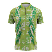 Aloha Hawaii Tuberose Lei Zipper Polo Shirt Tropical Vibes Green Color - Polynesian Pride