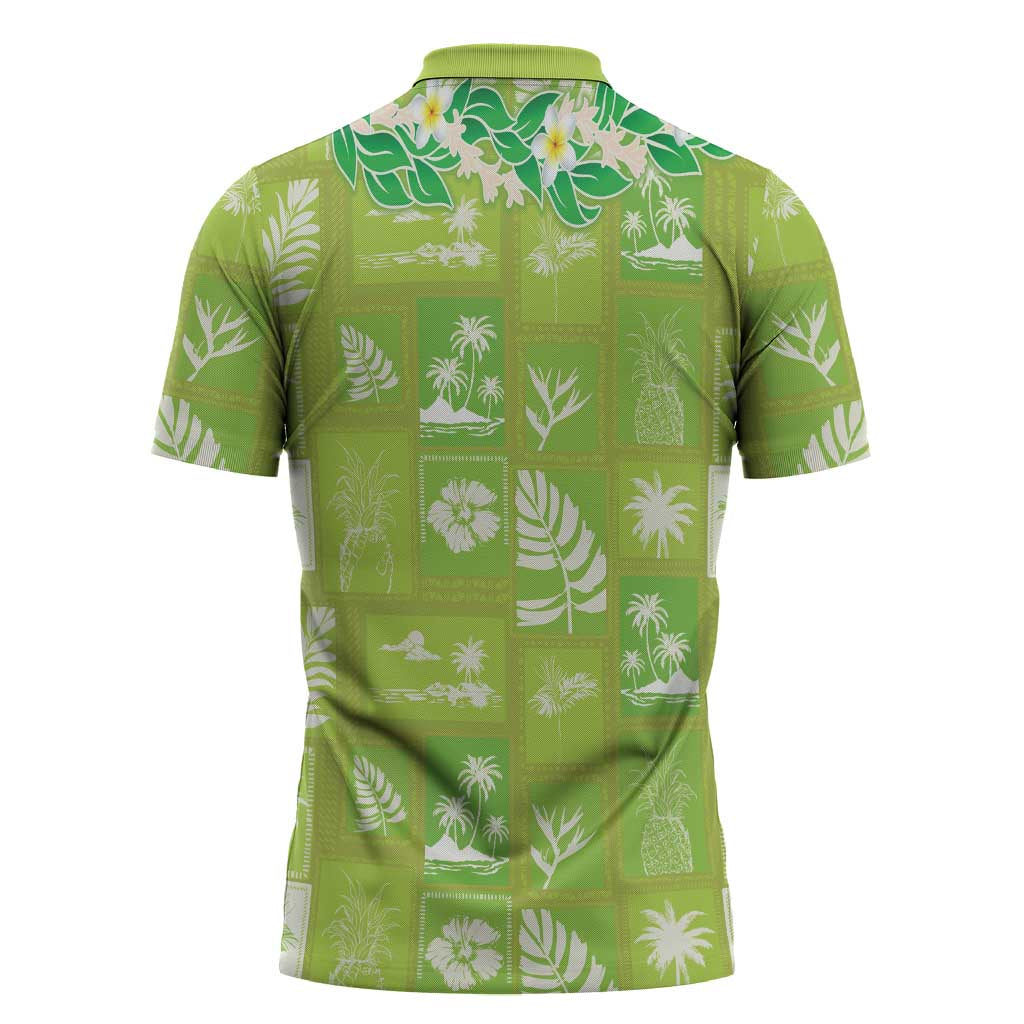 Aloha Hawaii Tuberose Lei Zipper Polo Shirt Tropical Vibes Green Color - Polynesian Pride