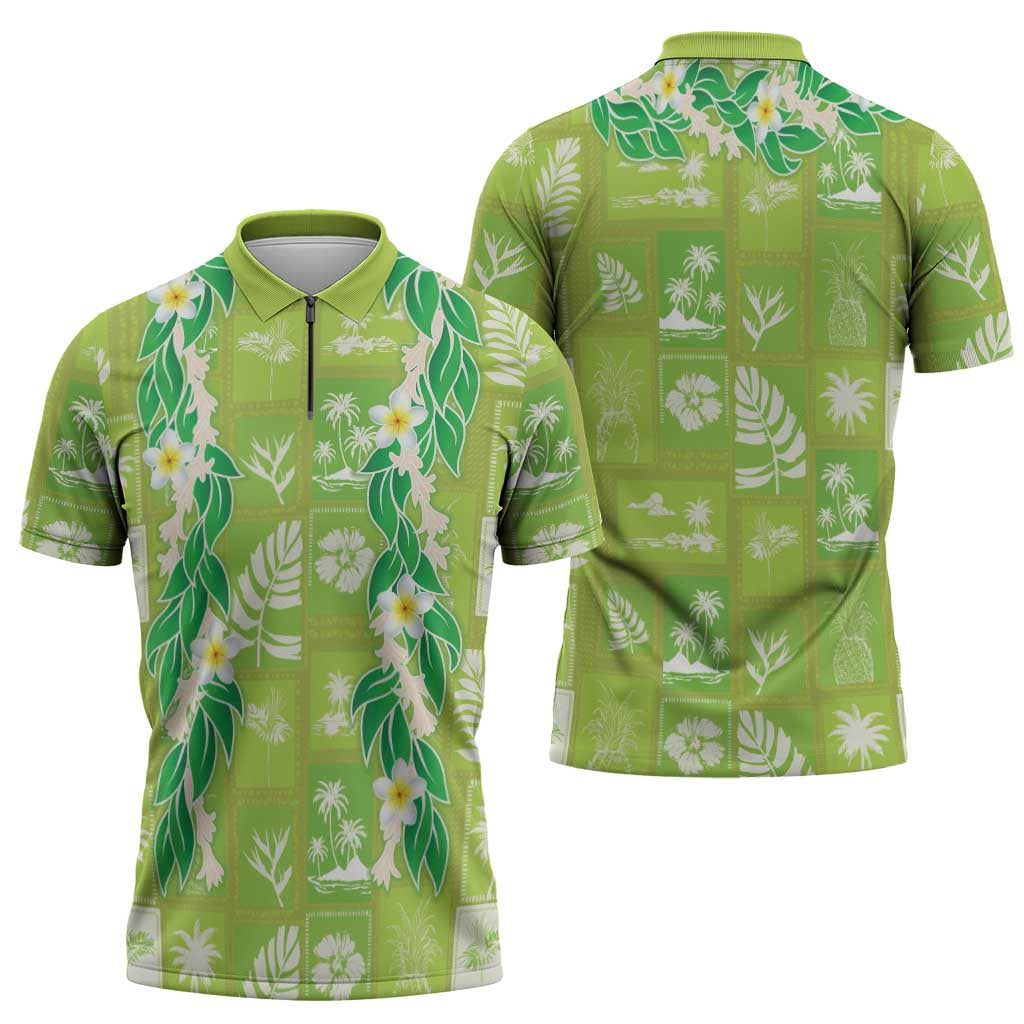 Aloha Hawaii Tuberose Lei Zipper Polo Shirt Tropical Vibes Green Color - Polynesian Pride