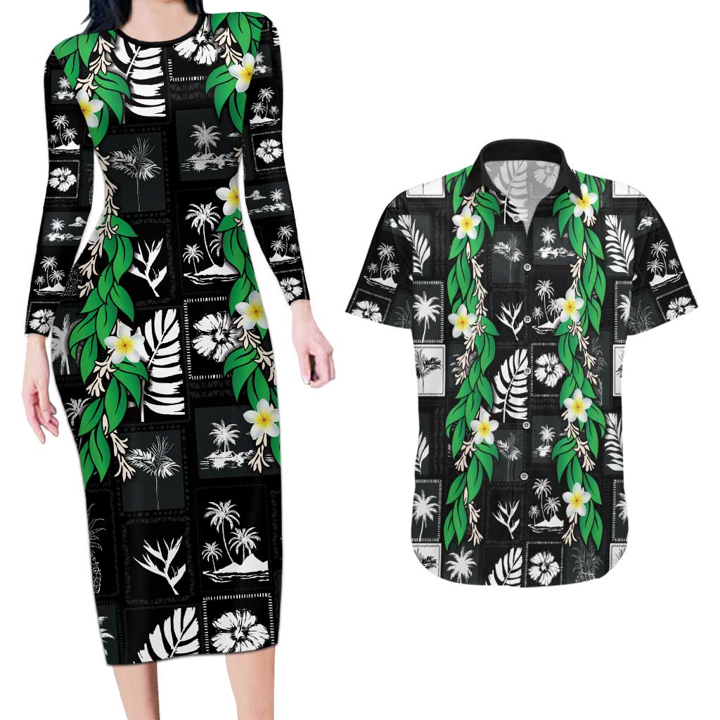 Aloha Hawaii Tuberose Lei Couples Matching Long Sleeve Bodycon Dress and Hawaiian Shirt Tropical Vibes Black Color LT14 Black - Polynesian Pride